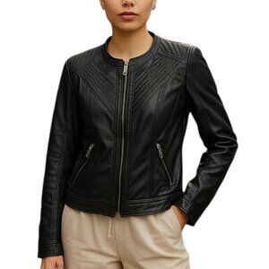 Buckle Black faux Leather Jacket Women's size L zip front , pockets & cuffs